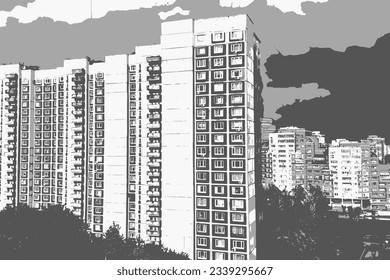 Multi-storey buildings in the city on a transparent background