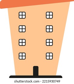 Multi-storey city house in colorful flat cartoon style for kids products design, kindergarten decor. High rise building icon. Home with flat asymmetrical roof. Picture of dwelling with square windows.