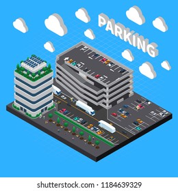 Multistorey garage structure multilevel car parking building with indoor stacked and outdoor lots isometric composition vector illustration  