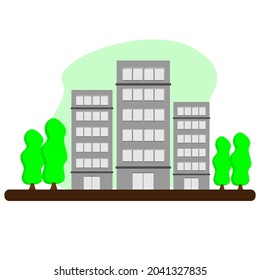 multi-storey hotel vector design with greening trees and grass, flat vector illustration