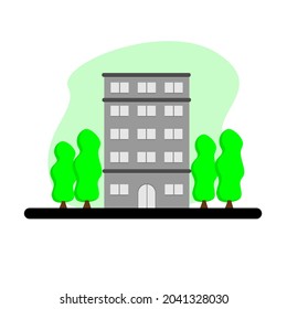 multi-storey hotel vector design with greening trees and grass, flat vector illustration