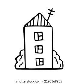 Multi-storey house drawing linear isolated. Three story house with windows, antenna and bushes. Cute doodles. Hand drawn vector illustration in cartoon style.