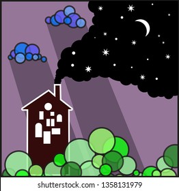 Multi-storey house at night.  From the chimney flies starry sky.  Vector illustration.