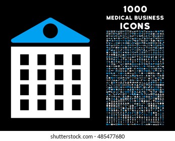 Multi-Storey House vector bicolor icon with 1000 medical business icons. Set style is flat pictograms, blue and white colors, black background.