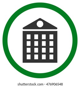 Multi-Storey House vector bicolor rounded icon. Image style is a flat icon symbol inside a circle, green and gray colors, white background.