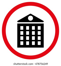 Multi-Storey House vector bicolor rounded icon. Image style is a flat icon symbol inside a circle, intensive red and black colors, white background.