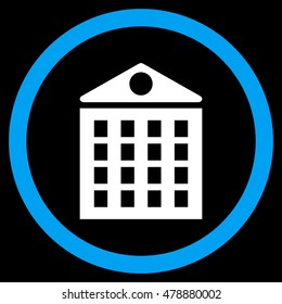 Multi-Storey House vector bicolor rounded icon. Image style is a flat icon symbol inside a circle, blue and white colors, black background.