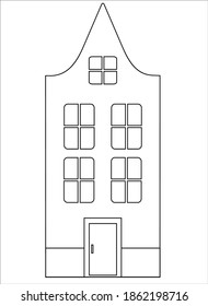 Multi-storey house - vector linear illustration for coloring. Outline. Cute old Dutch house for coloring book. European classical architecture.