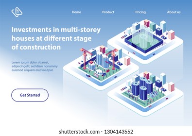 Multi-Storey Houses Construction Investment Project Isometric Vector Web Banner. Apartment or Condominium Complexes on Different Stages of Readiness Illustration. Real Estate Company Landing Page