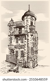 Edificio de ladrillo antiguo de varios pisos de estilo clásico con una torre y balcones. Entrada frontal al edificio. Un boceto a lápiz rápido sobre un fondo beige.
