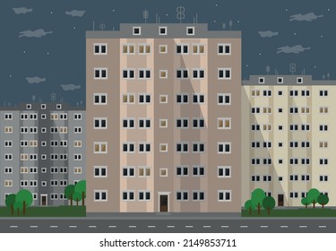 multi-storey panel apartment buildings in the city in the evening