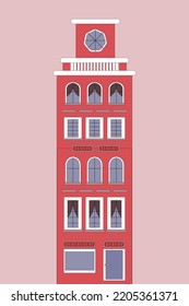 Multi-storey pink building flat design, color icon. Real estate . Apartment house. Vector silhouette illustration