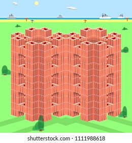 A multi-storey residential building with complex architecture in a southern city on the background of the beach, the sea and ships. Vector illustration