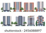 Multi-storey residential buildings. Urban development for human habitation. Residential complex. Houses with apartments. Vector illustration