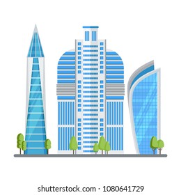 Multi-storey skyscrapers, a modern city. Office buildings in the center of the metropolis. High-tech buildings. Flat, vector, cartoon, illustration., Objects, isolated, white, background.