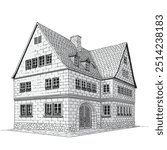 Multi-storey stone village house in European style with tiled roof. Front entrance to the building. A quick pencil sketch on a beige background.