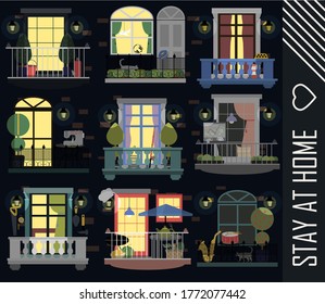 multi-story brick house with different balconies and items of people of different professions who live in it. Beautiful balconies for recreation and work. Stay home motivational banner. Brick houses