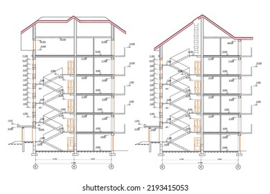 Mehrgeschossiges Gebäude, Bauarchitekturquerschnitt-Zeichnung, Vektorgrafik