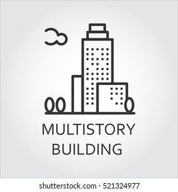 Multistory building concept. Sign of urban houses. Simple mono black line silhouette of modern building. Logo for websites, mobile apps and other design needs. Vector contour graphics