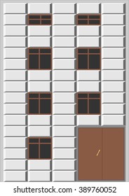 Multi-story building with decorative blocks, ledges, on a gray background.