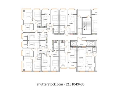 Multistory building detailed architectural technical drawing, vector blueprint floor layout