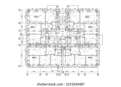 Multistory building detailed architectural technical drawing, vector blueprint floor layout