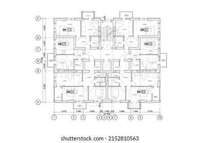 Multistory building detailed architectural technical drawing, vector blueprint floor layout