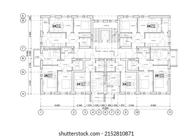 Multistory Building Detailed Architectural Technical Drawing, Vector Blueprint Floorplan Layout