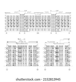 Edificio de varios pisos diseño arquitectónico técnico detallado dibujo de fachada, plano vectorial 