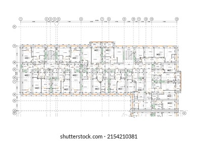 Multistory building detailed architectural technical drawing, vector blueprint floorplan layout