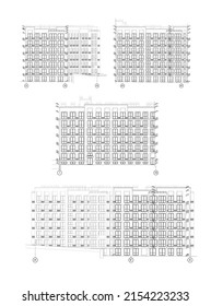 Multistory building detailed architectural technical facade drawing, vector blueprint