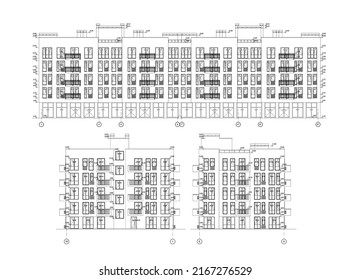 Multistory building detailed architectural technical facade drawing, vector blueprint