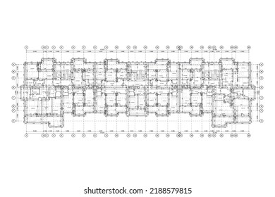 Multistory building detailed architectural technical drawing, vector blueprint floorplan layout