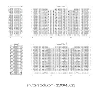 Mehrgeschossiges Gebäude mit detaillierter Beschreibung technischer Querschnitte, Vektorgrafik