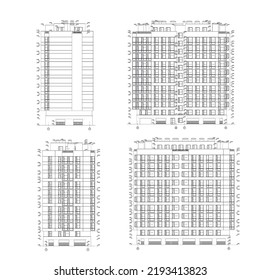 Multistory building detailed architectural technical cross section drawing, vector blueprint