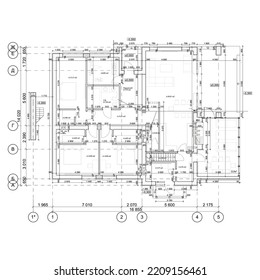 Multistory building detailed architectural technical drawing, vector blueprint floorplan