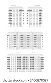 Multistory building detailed architectural technical facade drawing, vector blueprint	
