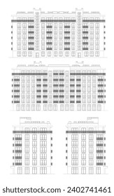Multistory building detailed architectural technical facade drawing, vector blueprint	
