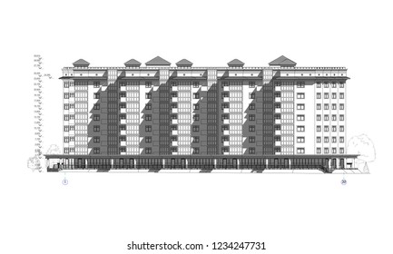 Multistory building facade, detailed architectural technical drawing, vector blueprint