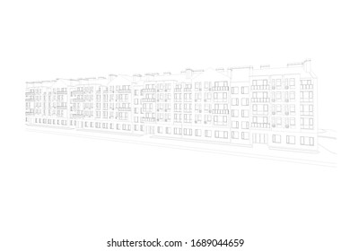 Multistory building facade, detailed architectural technical drawing, vector blueprint