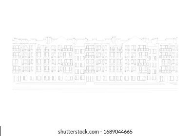Multistory building facade, detailed architectural technical drawing, vector blueprint