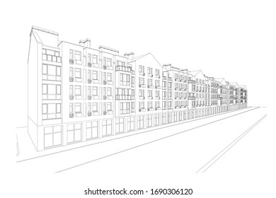 Multistory building facade, detailed architectural technical drawing, vector blueprint