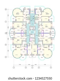 Multistory building floor plan / layout, detailed architectural technical drawing, vector blueprint
