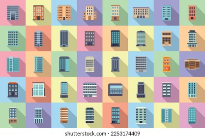 Multistory building icons set flat vector. Architecture interior. House project