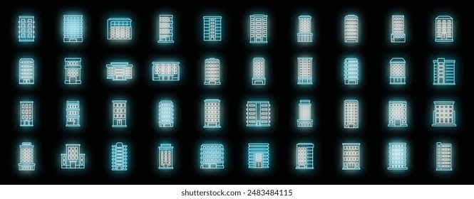 Los iconos de edificios de varios pisos establecen el Vector de contorno. Arquitectura interior. Proyecto de casa color neón sobre negro