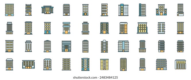 Los iconos de edificios de varios pisos establecen el Vector de contorno. Arquitectura interior. Casa proyecto línea delgada color plano en blanco