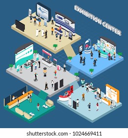 Multistory exhibition center isometric composition on blue background with exposition stands, business people, vector illustration 