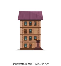 Multistory house and facade for city isolated on white background. Vector illustration.