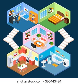 Multistory isometric apartment interior with living sleeping rooms bathroom and kitchen vector illustration