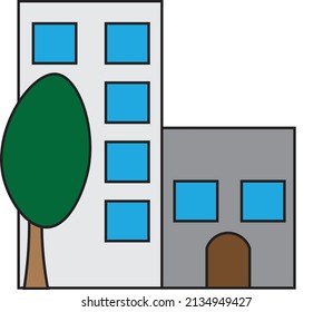 Edificio de oficinas de varios pisos (apartamento) con un árbol delante - Ilustración de arquitectura - vector - colorido 